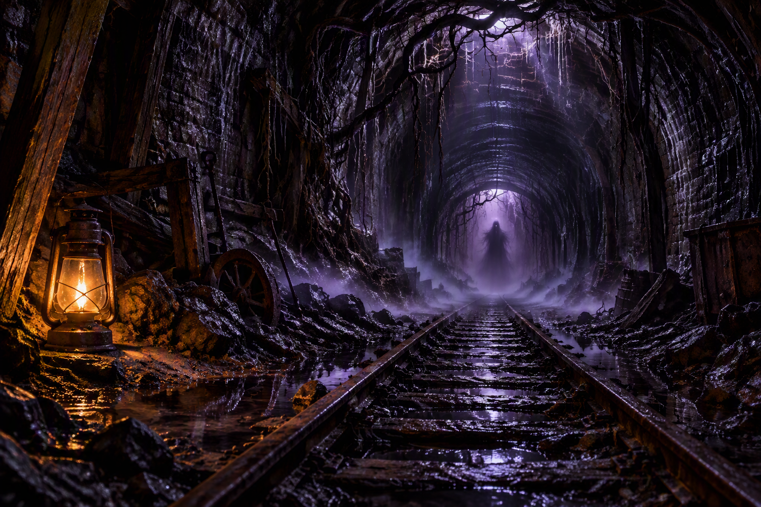 The interior of a haunted railway tunnel with wet rails, violet fog, and lantern light.