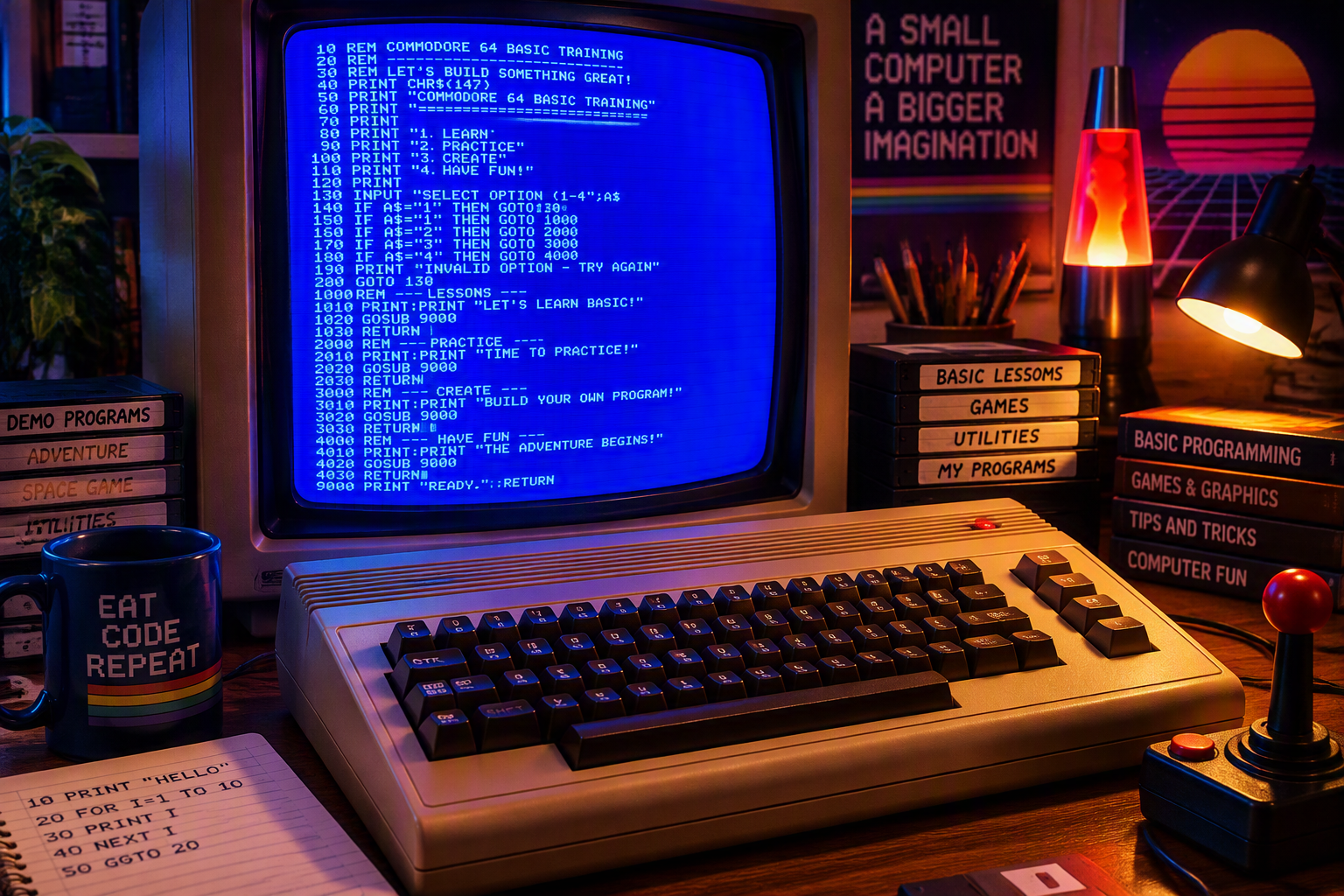 A vintage home computer displaying blue-screen BASIC code in an early 1980s style.
