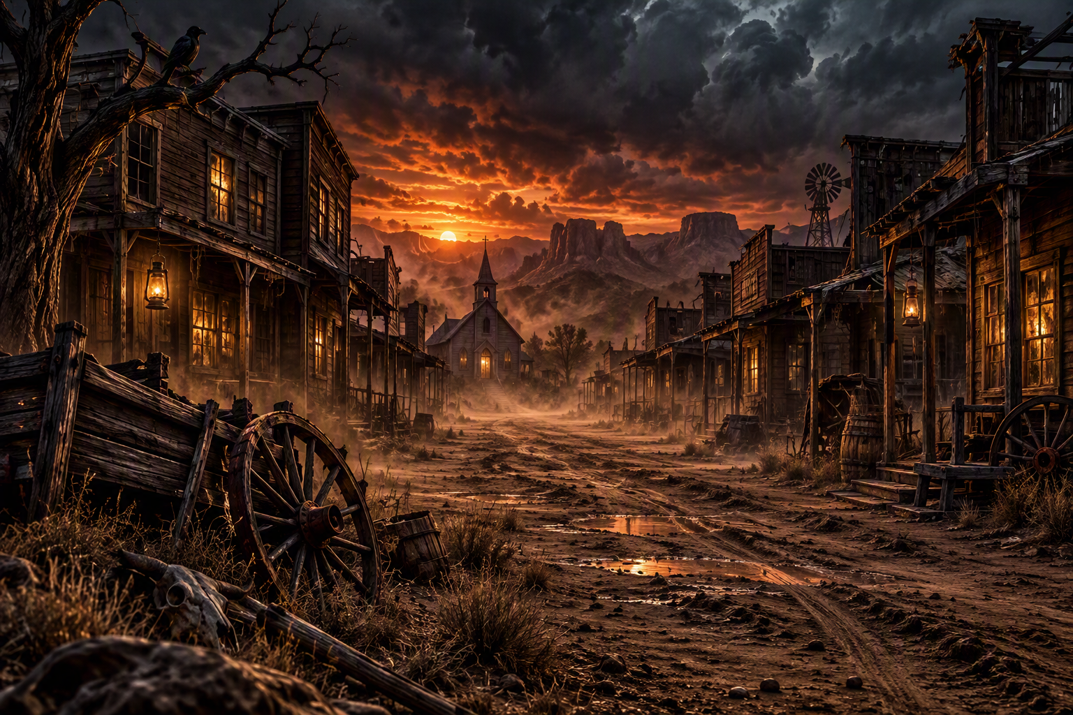 An ominous abandoned western ghost town beneath a stormy sunset.
