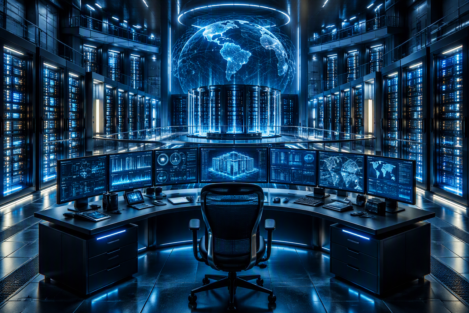 A cinematic blue-lit data control center with server racks and monitoring consoles.