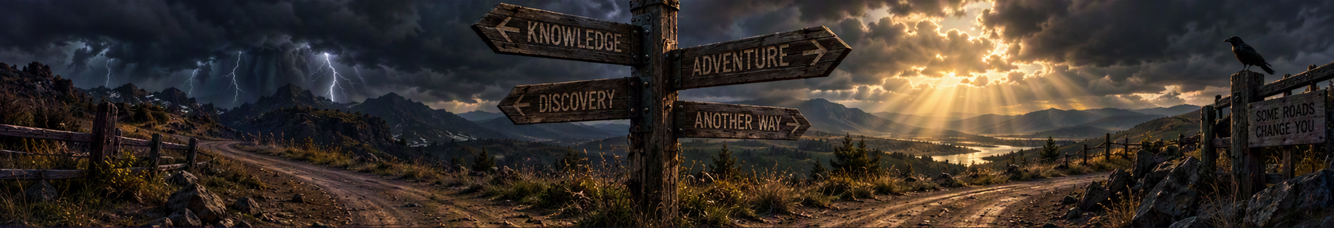 An old wooden signpost at a dirt-road crossroads, with storm clouds on one side and sunlight breaking through clouds on the other.