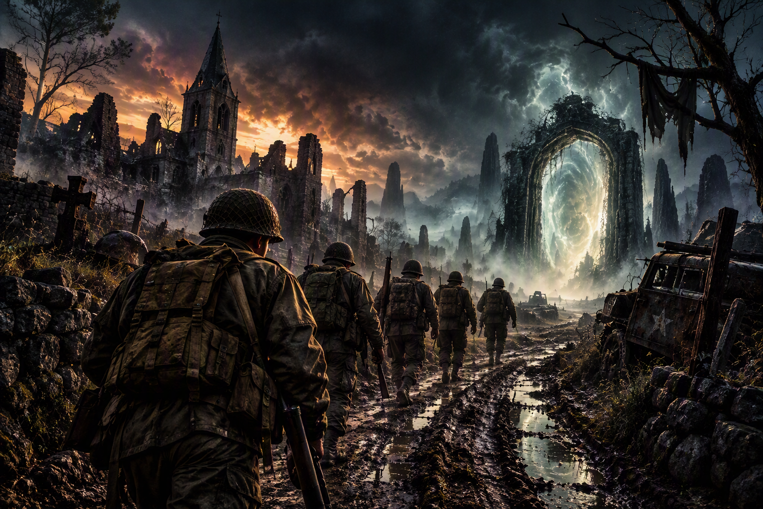 Vintage horror-comic cover artwork showing a wartime patrol following a dirt road toward ruined buildings and an unnatural glowing gateway.